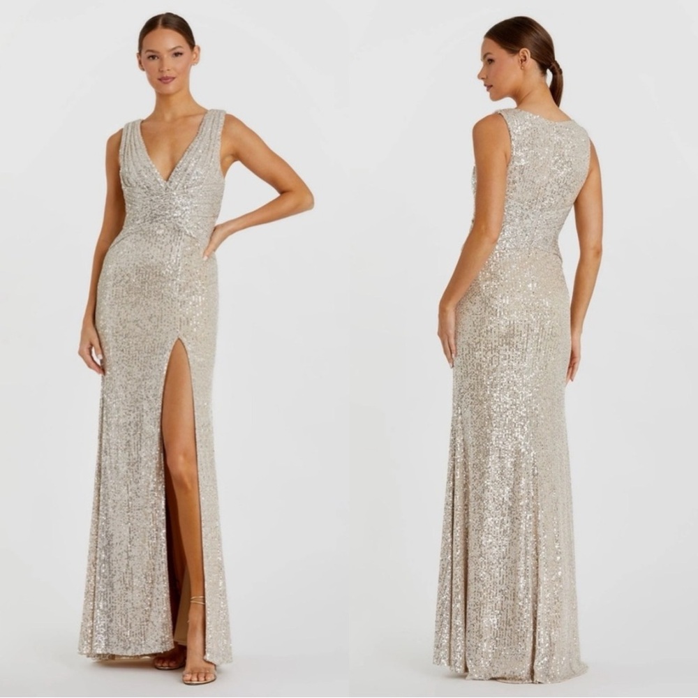 Mac Duggal Silver Sequin Maxi Dress